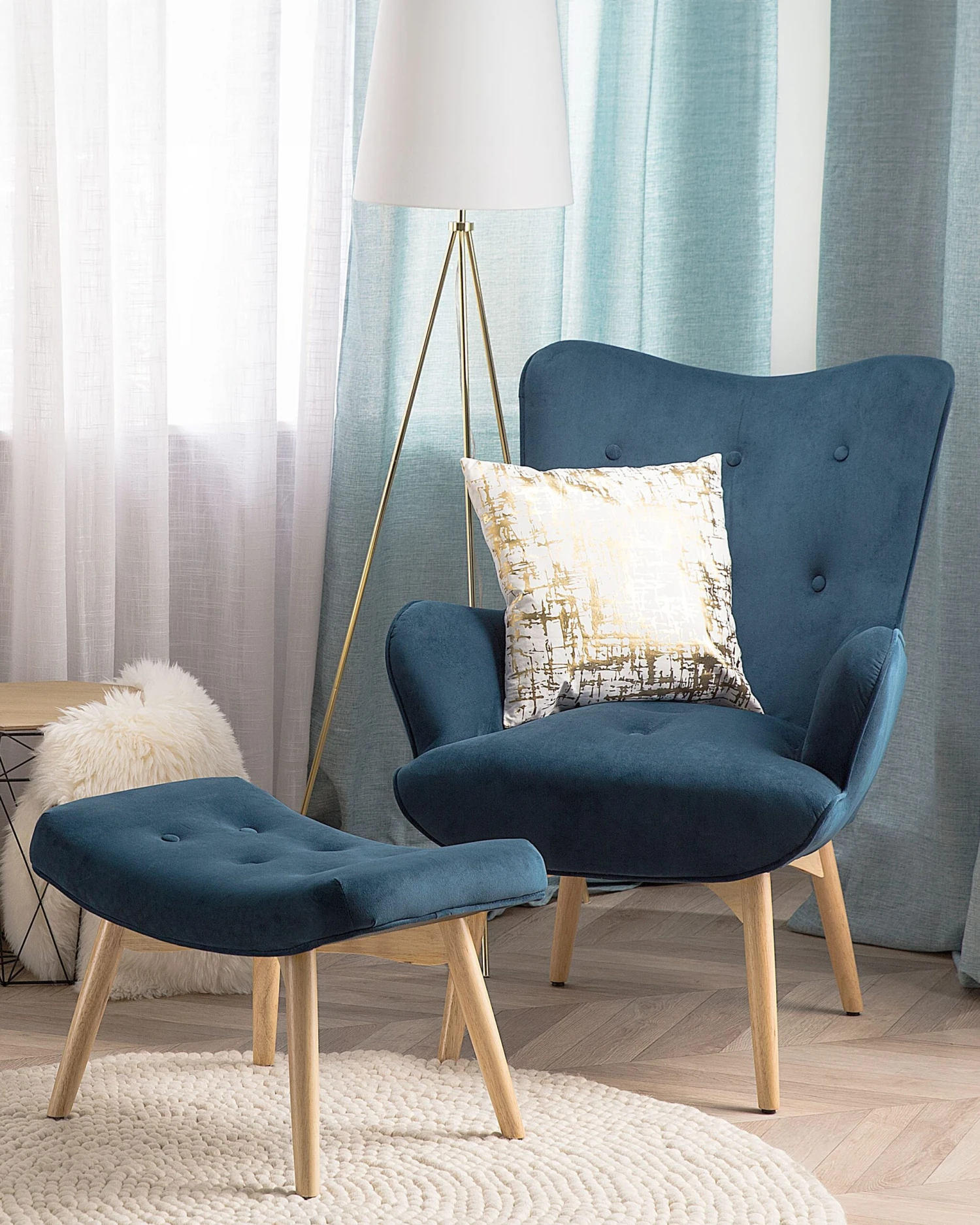 Velvet Wingback Chair With Footstool Blue VEJLE 4 Velvet Wingback Chair With Footstool Blue VEJLE - Image 2