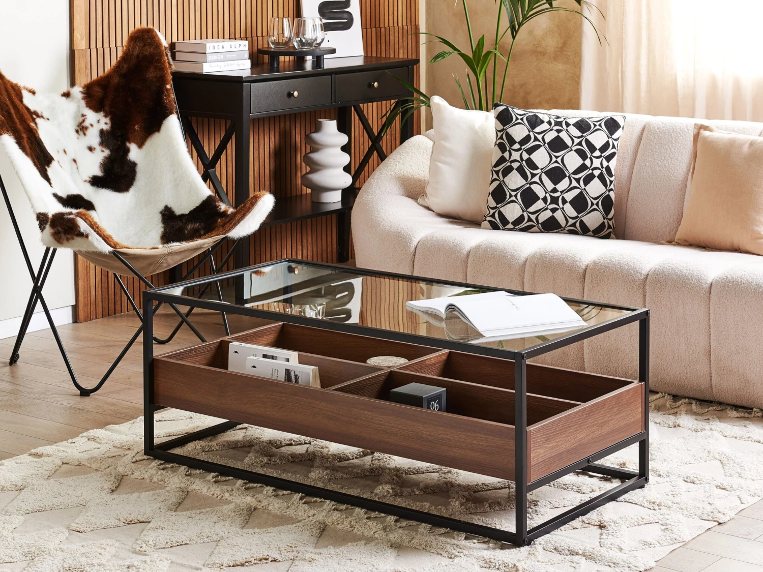 Glass Top Coffee Table With Shelf Dark Wood With Black WACO - Image 2